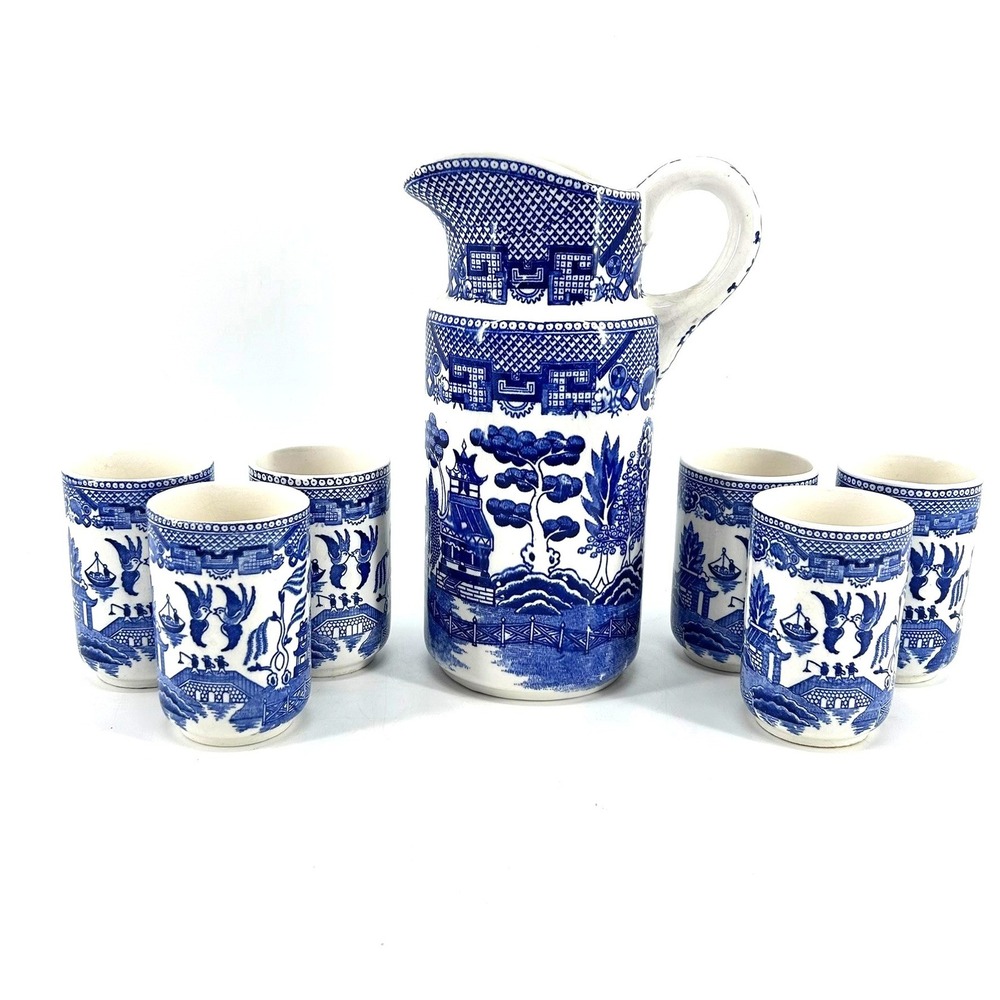 Vtg Arnart Japan Blue Willow Sake Pitcher & 6 Cup Set Chinoiserie Transferware
